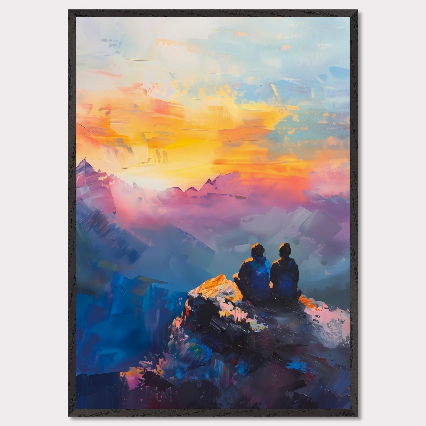 This is an illustration of two people sitting on a rocky cliff, overlooking a vibrant and colorful sunset or sunrise. The sky is painted with warm hues of orange, yellow, and pink, blending into cooler tones of blue and purple.