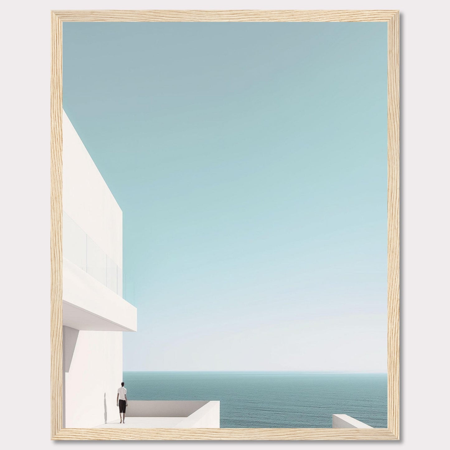 This serene image captures a minimalist coastal scene featuring a modern white building overlooking the tranquil ocean. A solitary figure stands on a balcony, gazing out at the expansive sea and clear sky. The composition exudes calmness and simplicity, inviting viewers to embrace a moment of peaceful reflection.