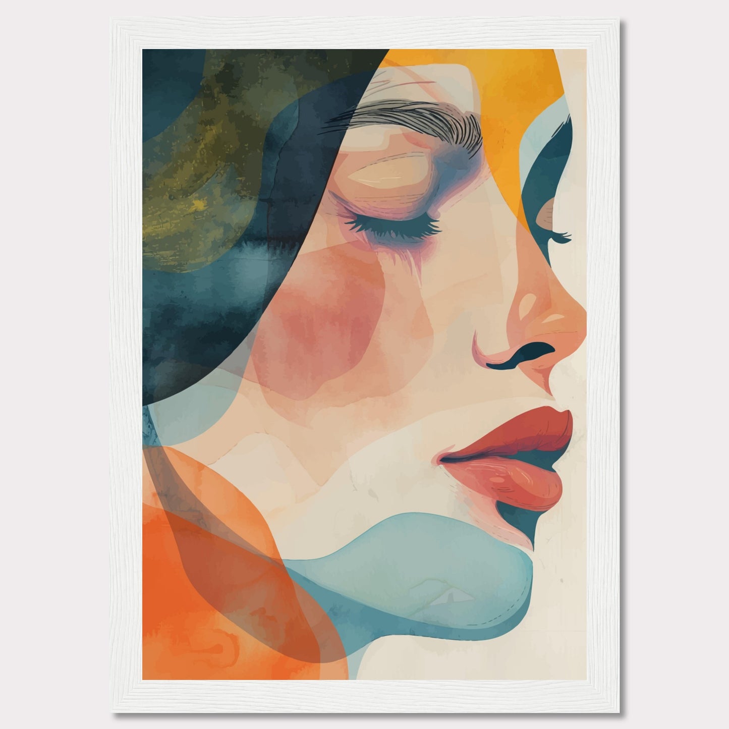 This captivating artwork features a serene profile of a woman's face, rendered in a vibrant mix of abstract colors. The composition highlights her closed eyes and calm expression, evoking a sense of tranquility and introspection.