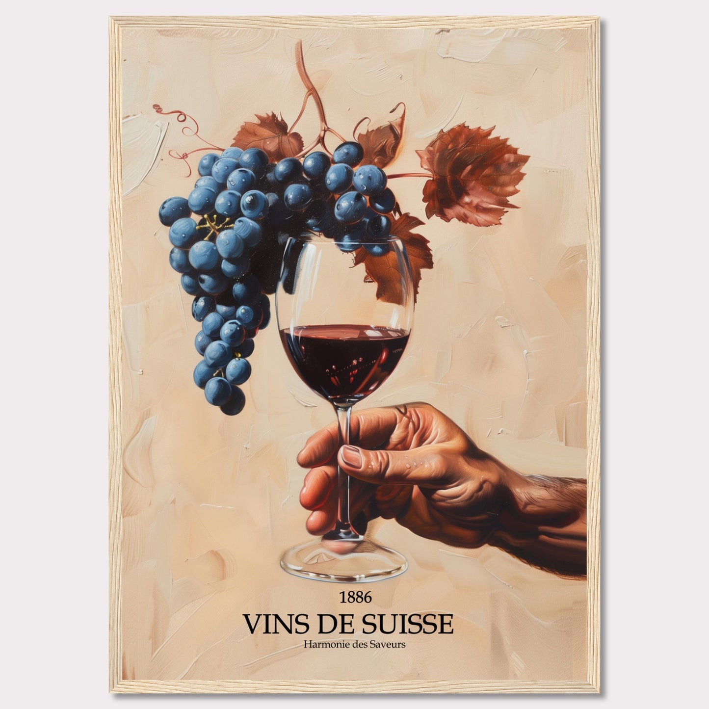 This captivating image showcases a hand holding a glass of red wine, with a luscious bunch of grapes hanging above it. The background is painted in warm, earthy tones, enhancing the rich colors of the grapes and wine.