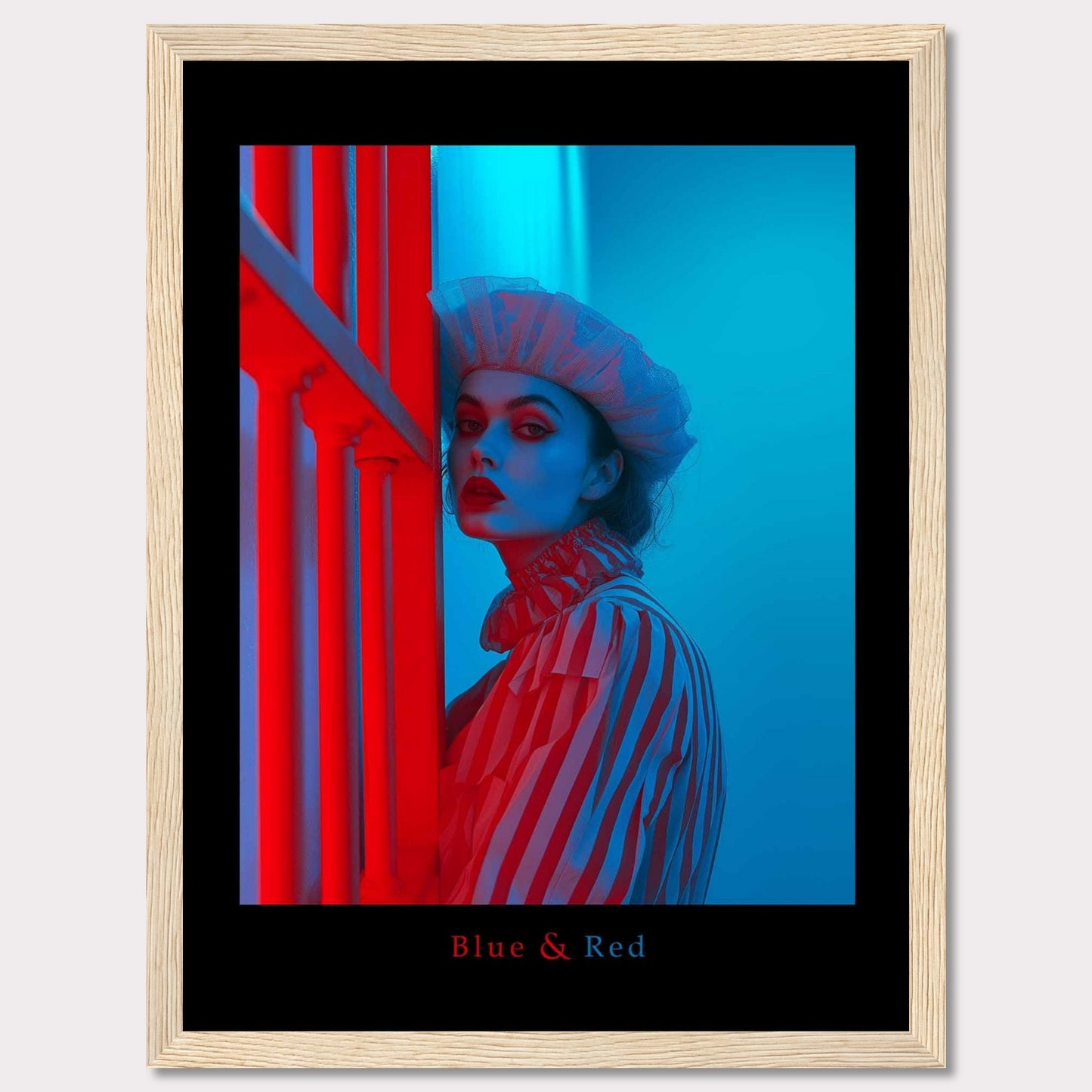 This striking poster features a dramatic portrait of a woman illuminated in contrasting blue and red lighting. The subject is dressed in a striped outfit and a sheer headpiece, creating a bold and artistic visual effect.