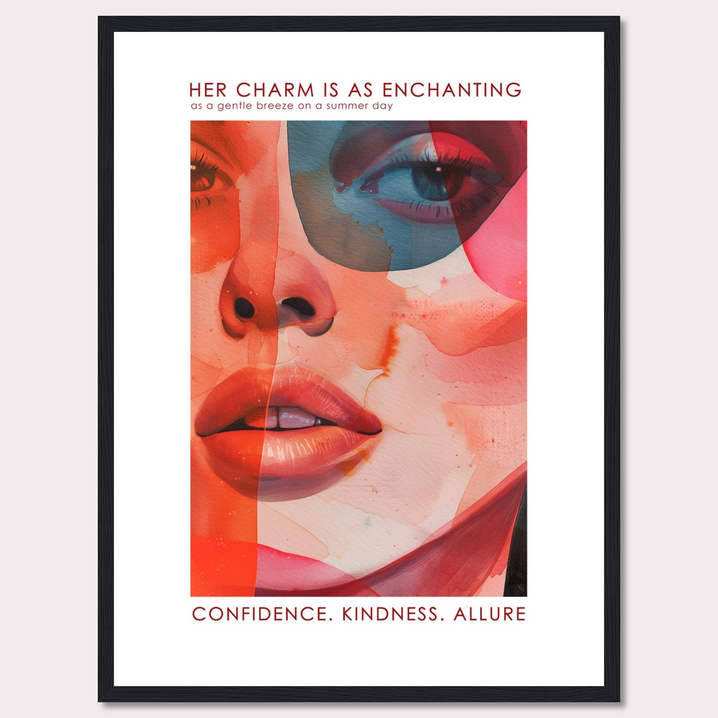 This captivating artwork features a vibrant and abstract portrait of a woman's face, blending warm and cool tones seamlessly. The text at the top reads, "HER CHARM IS AS ENCHANTING as a gentle breeze on a summer day," and at the bottom, it emphasizes "CONFIDENCE. KINDNESS. ALLURE." The image evokes a sense of elegance, mystery, and strength.