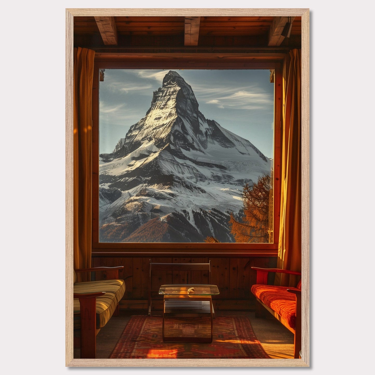 This stunning image captures a breathtaking view of a snow-capped mountain through a large window from a cozy wooden cabin. The warm interior contrasts beautifully with the majestic, cold mountain outside.