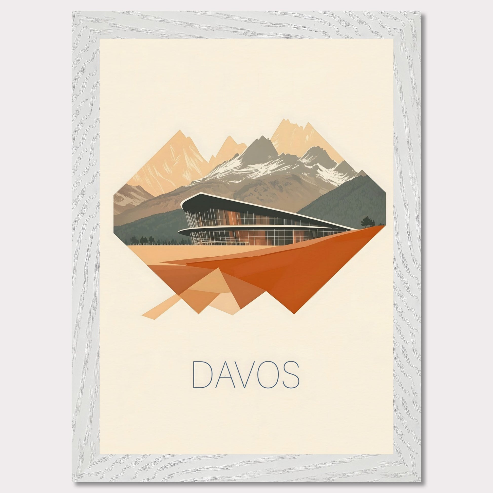 A visually striking poster featuring Davos’ futuristic architecture, integrated into an angular, geometric design. The sharp lines and warm earth tones contrast with the cool mountain backdrop, creating a bold, dynamic effect.