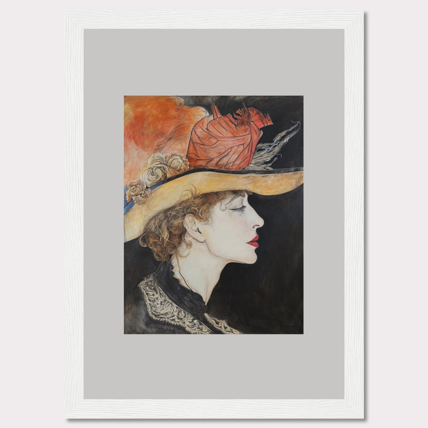 This captivating artwork features a side profile of a woman wearing an elegant hat adorned with feathers and flowers. The detailed illustration showcases her serene expression, accentuated by bold red lips and delicate curls framing her face. The background contrasts beautifully with the vibrant colors of the hat, adding depth to the portrait.