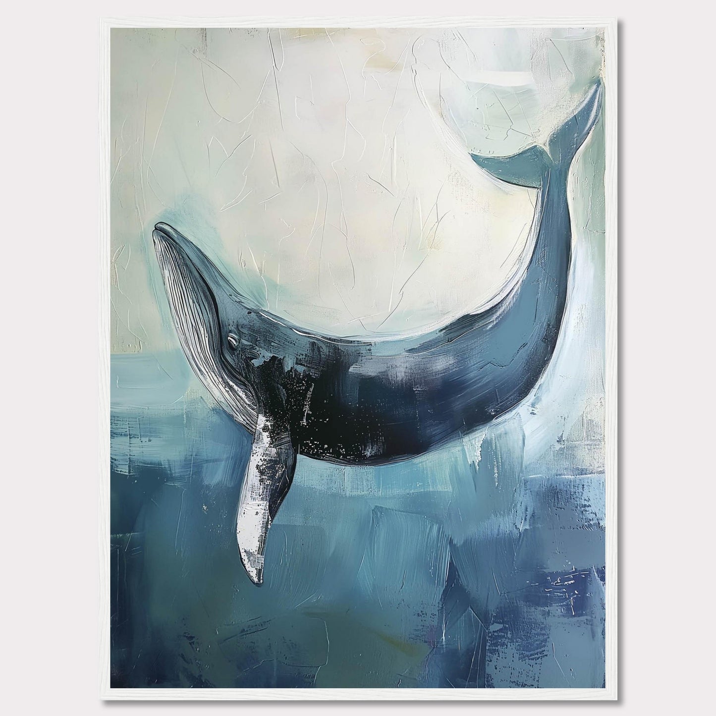 This image showcases a stunning painting of a whale gracefully swimming in the ocean. The artwork captures the serene beauty and majesty of the whale, set against a backdrop of soothing blue and white hues. The texture and brushstrokes add depth and movement to the piece, making it an eye-catching addition to any space.