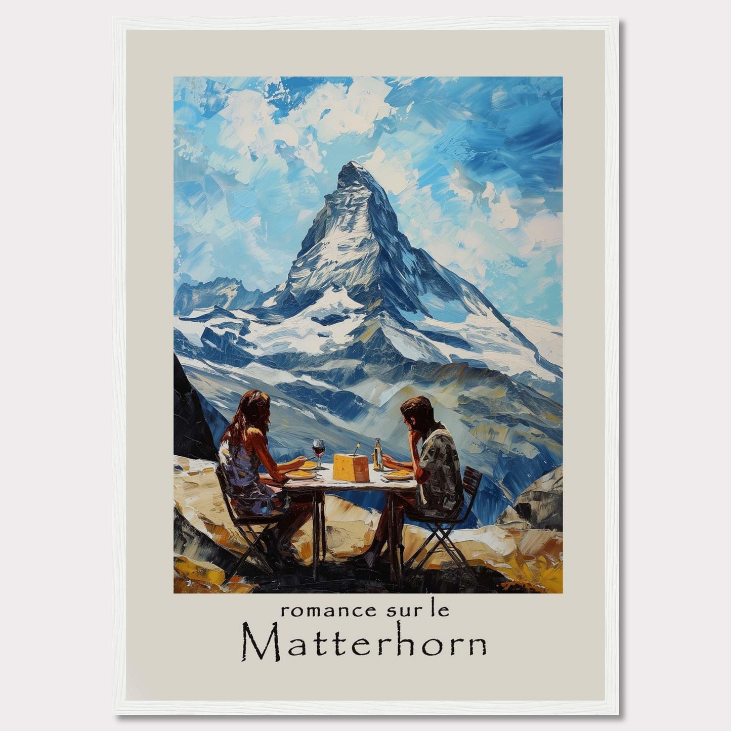 This captivating poster showcases a romantic scene at the Matterhorn, with a couple enjoying a meal against the breathtaking backdrop of the iconic mountain.