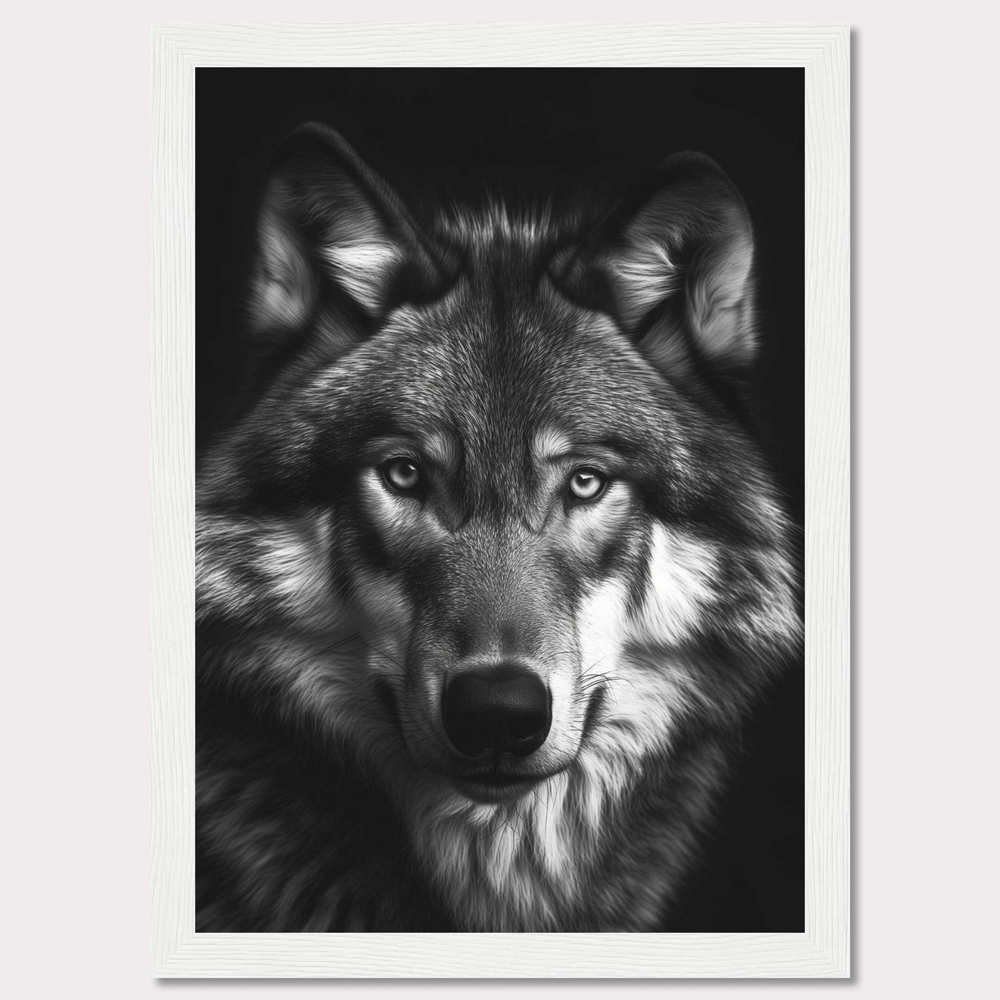 Immerse yourself in the captivating gaze of a majestic wolf with this stunning black and white portrait. The detailed fur, intense eyes, and powerful presence make this artwork a striking addition to any space.