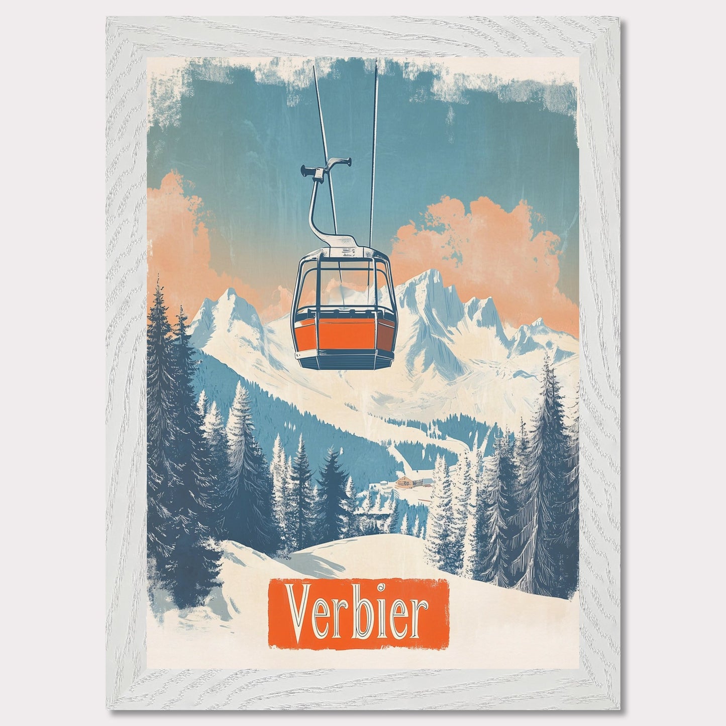 This picturesque retro-inspired poster showcases a vibrant orange gondola gracefully ascending the snowy mountainside of Verbier. The tranquil beauty of the landscape is captured with soft pastel tones in the sky, complemented by the rugged peaks in the distance. The modern gondola stands in contrast to the pristine, snow-covered trees, evoking a sense of peaceful adventure and the journey to the mountain’s summit. The vintage art style enhances the nostalgic vibe of alpine exploration.