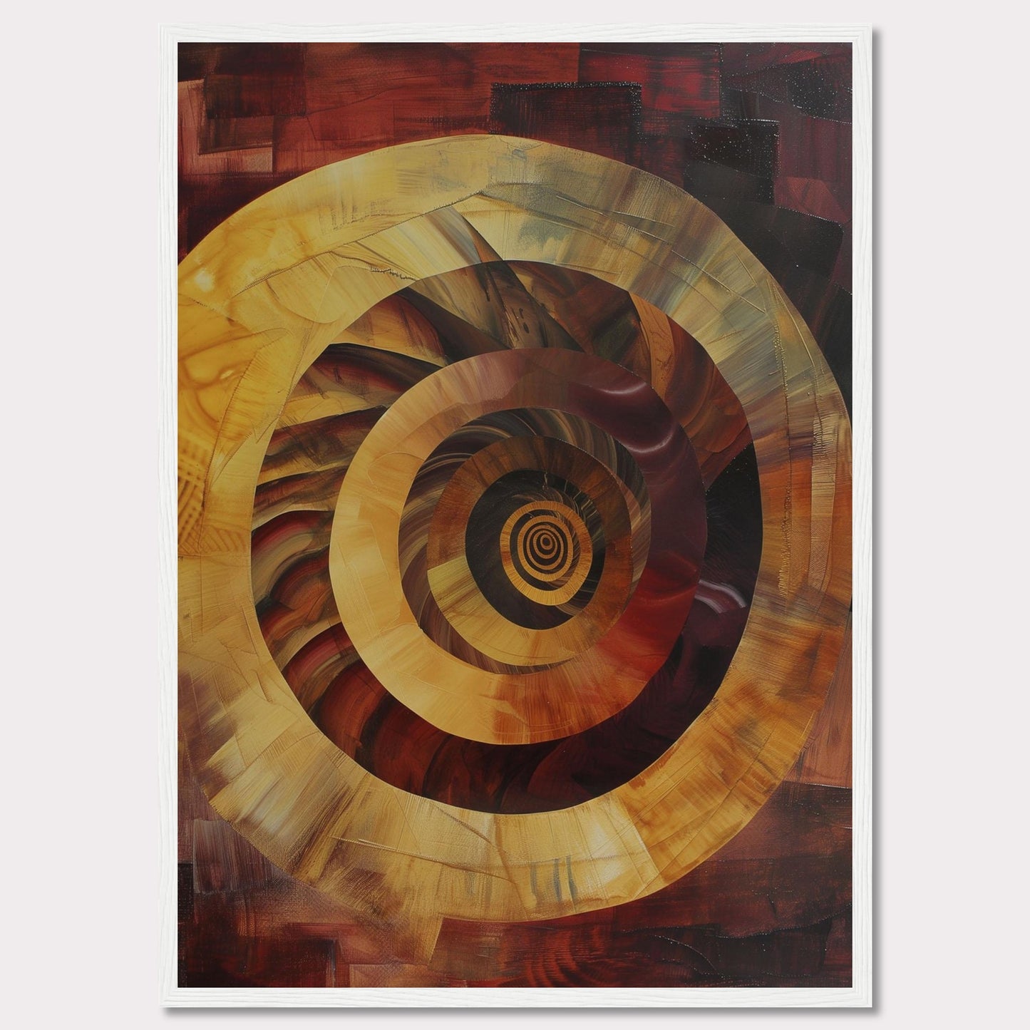 This captivating abstract painting features a mesmerizing spiral design, drawing the viewer into its depths. The artwork is dominated by warm tones of red, orange, and yellow, creating a sense of movement and energy.