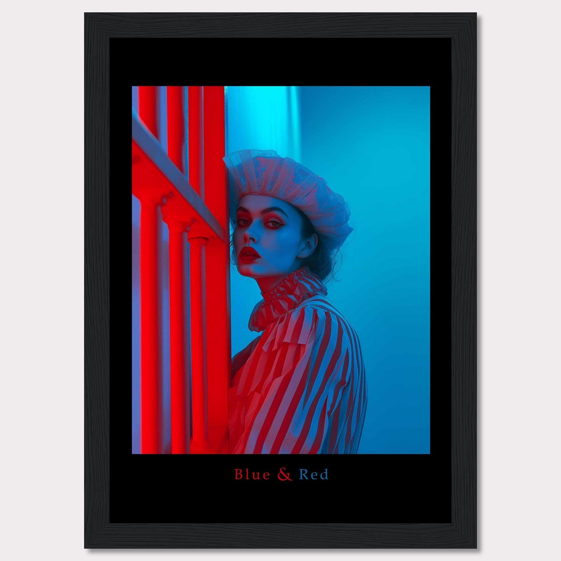 This striking poster features a dramatic portrait of a woman illuminated in contrasting blue and red lighting. The subject is dressed in a striped outfit and a sheer headpiece, creating a bold and artistic visual effect.