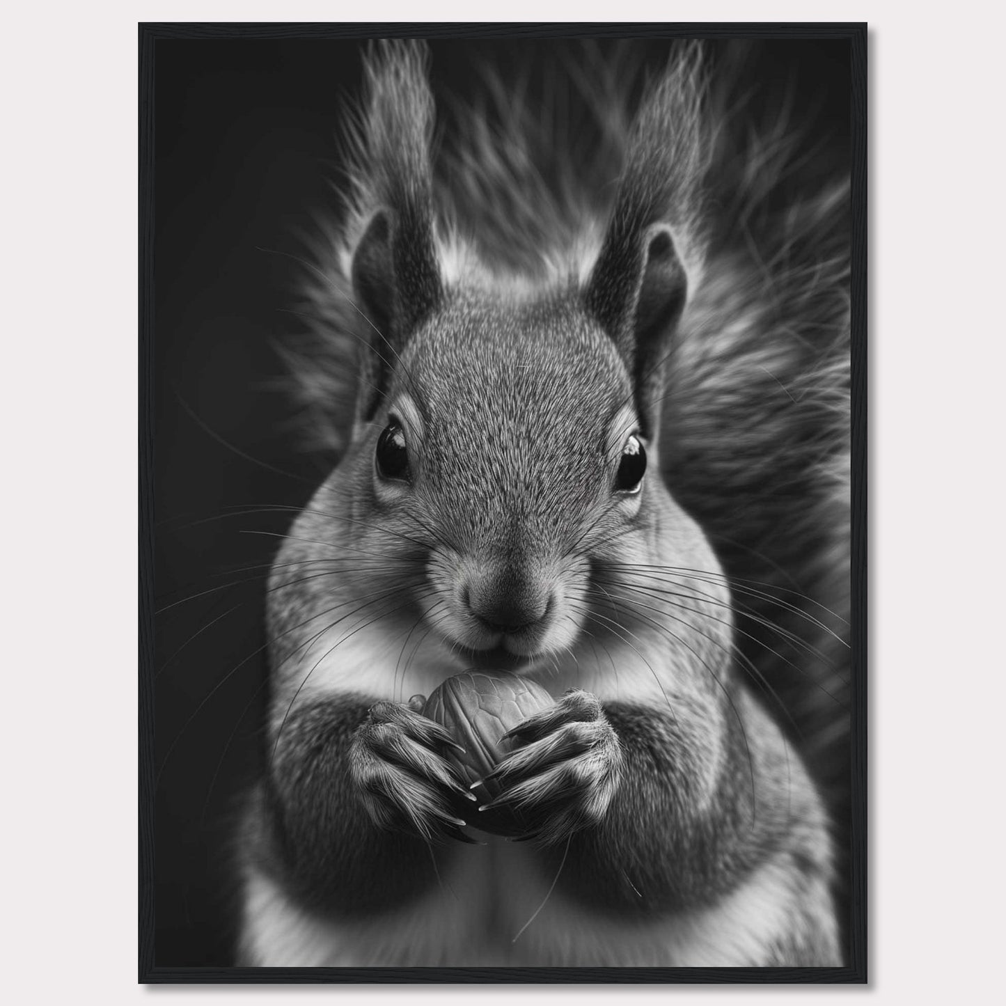 This captivating black and white photograph showcases a close-up of a squirrel holding a nut. The fine details of the squirrel's fur and the texture of the nut are beautifully highlighted, creating a striking contrast against the dark background. The squirrel's focused gaze adds an element of intensity to the image.