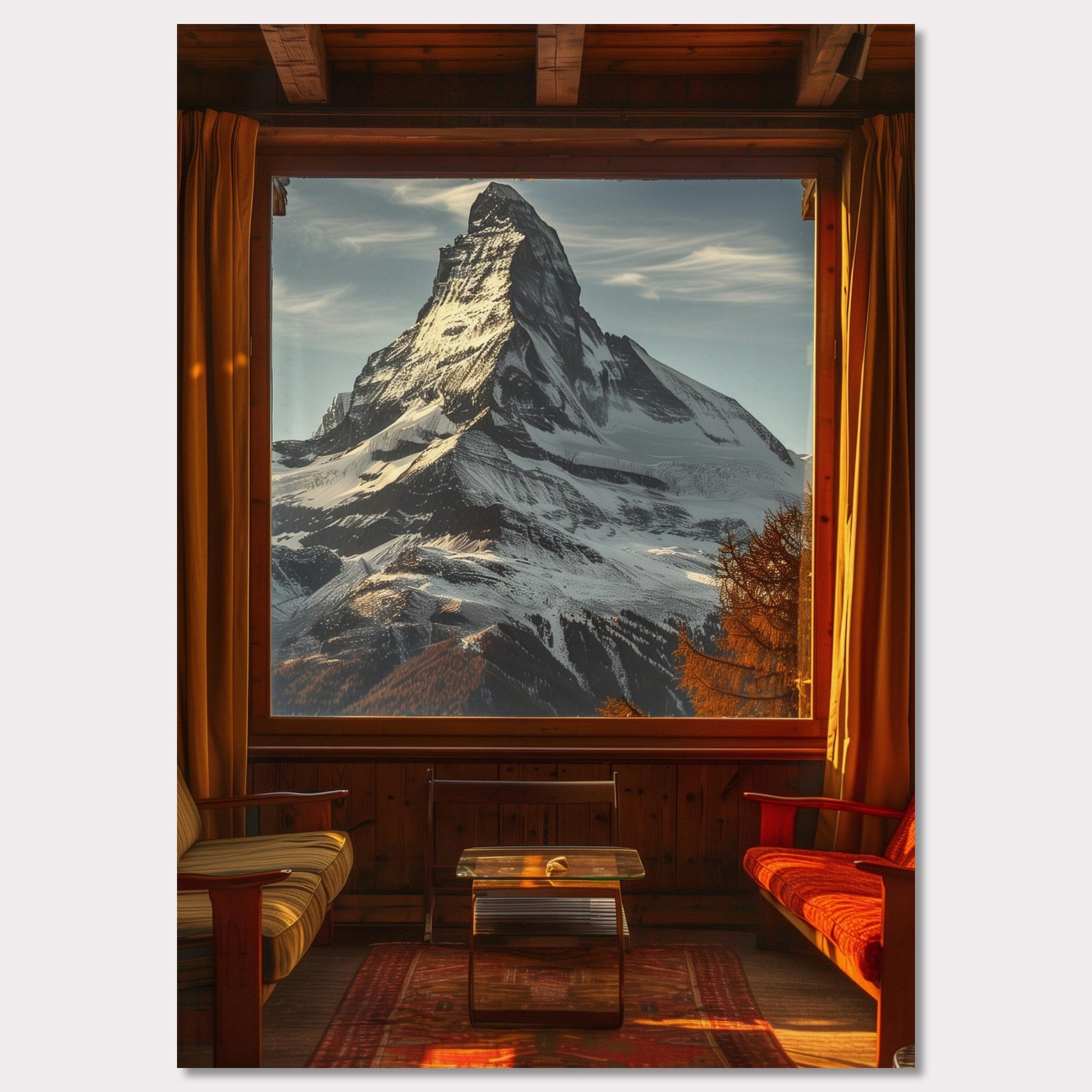 This stunning image captures a breathtaking view of a snow-capped mountain through a large window from a cozy wooden cabin. The warm interior contrasts beautifully with the majestic, cold mountain outside.