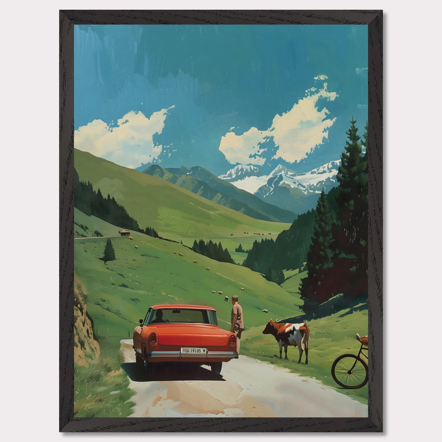 This picture depicts a serene countryside scene with a vibrant red car parked on a narrow road. A person stands beside the car, gazing at a cow that is standing nearby. The lush green hills stretch towards majestic snow-capped mountains under a bright blue sky dotted with fluffy white clouds. A bicycle rests against the tall pine trees, adding to the tranquil rural atmosphere.