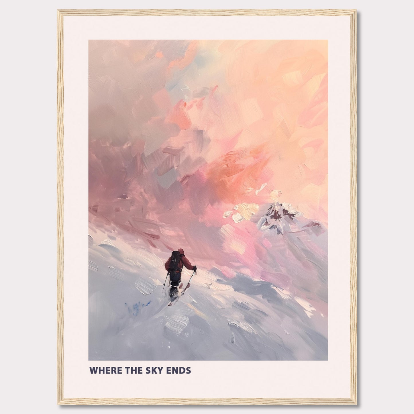 This captivating artwork titled "Where the Sky Ends" portrays a lone adventurer trekking through a snow-covered landscape towards a breathtaking, colorful sky. The painting captures a sense of solitude and determination against a backdrop of majestic, pastel-hued clouds.