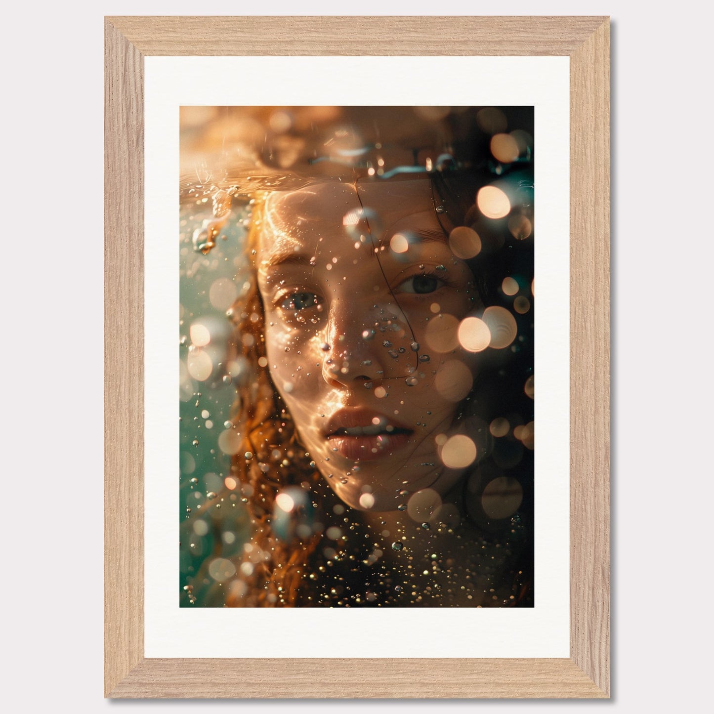 A close-up, artistic photograph of a person's face submerged in water, with light reflections and bokeh effects creating an ethereal atmosphere.

This poster would fit well in modern living rooms, art studios, bedrooms, or any space that appreciates contemporary and artistic photography.