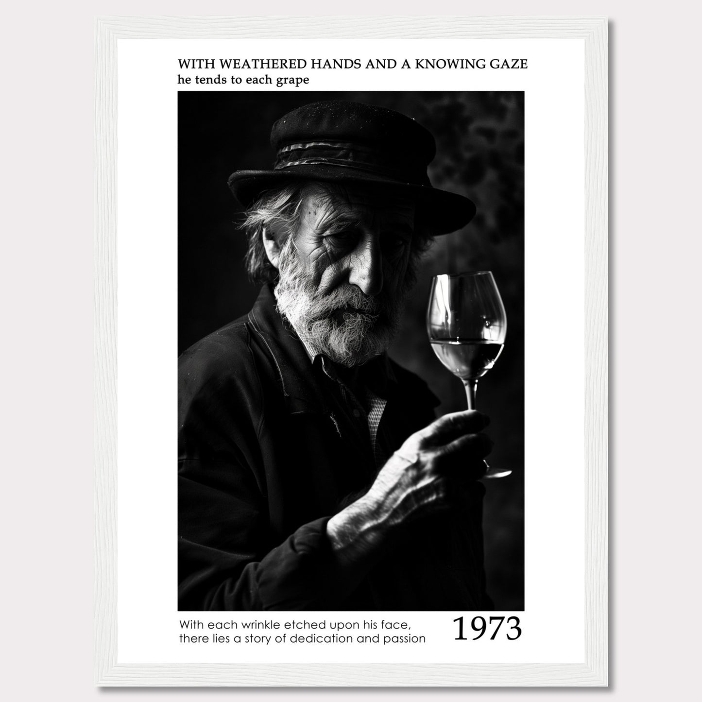 This evocative black-and-white photograph captures an elderly man with a weathered face, holding a glass of wine. His thoughtful gaze and the detailed wrinkles on his face tell a story of dedication and passion. The text accompanying the image reads: "With weathered hands and a knowing gaze he tends to each grape. With each wrinkle etched upon his face, there lies a story of dedication and passion." The year 1973 is prominently displayed.