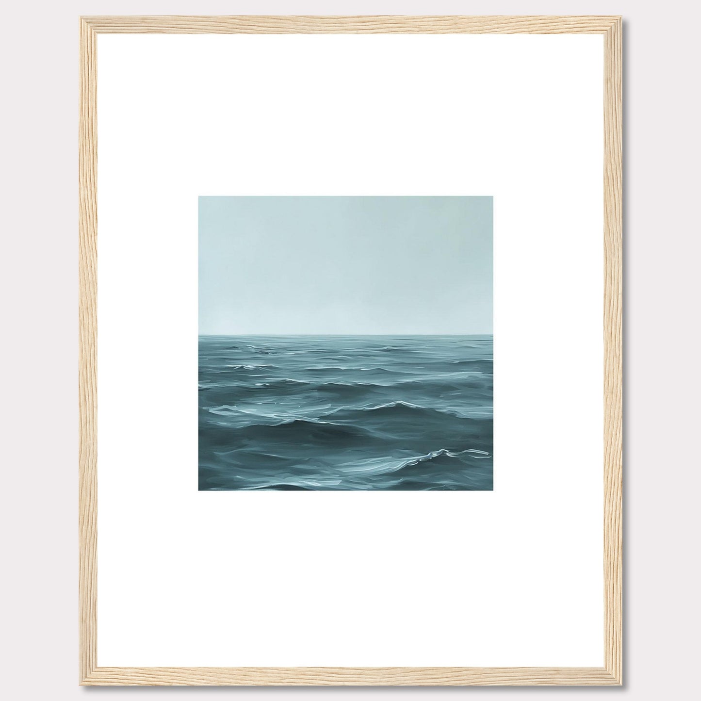 This serene artwork captures the vastness of the ocean, inviting a sense of calm and tranquility into any space. The painting features gentle waves under a soft, misty sky, framed elegantly in black.