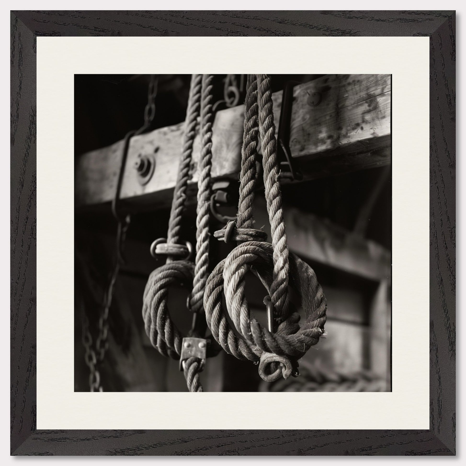 This black and white illustration depicts a close-up view of coiled ropes hanging from wooden beams, evoking a rustic or nautical theme.