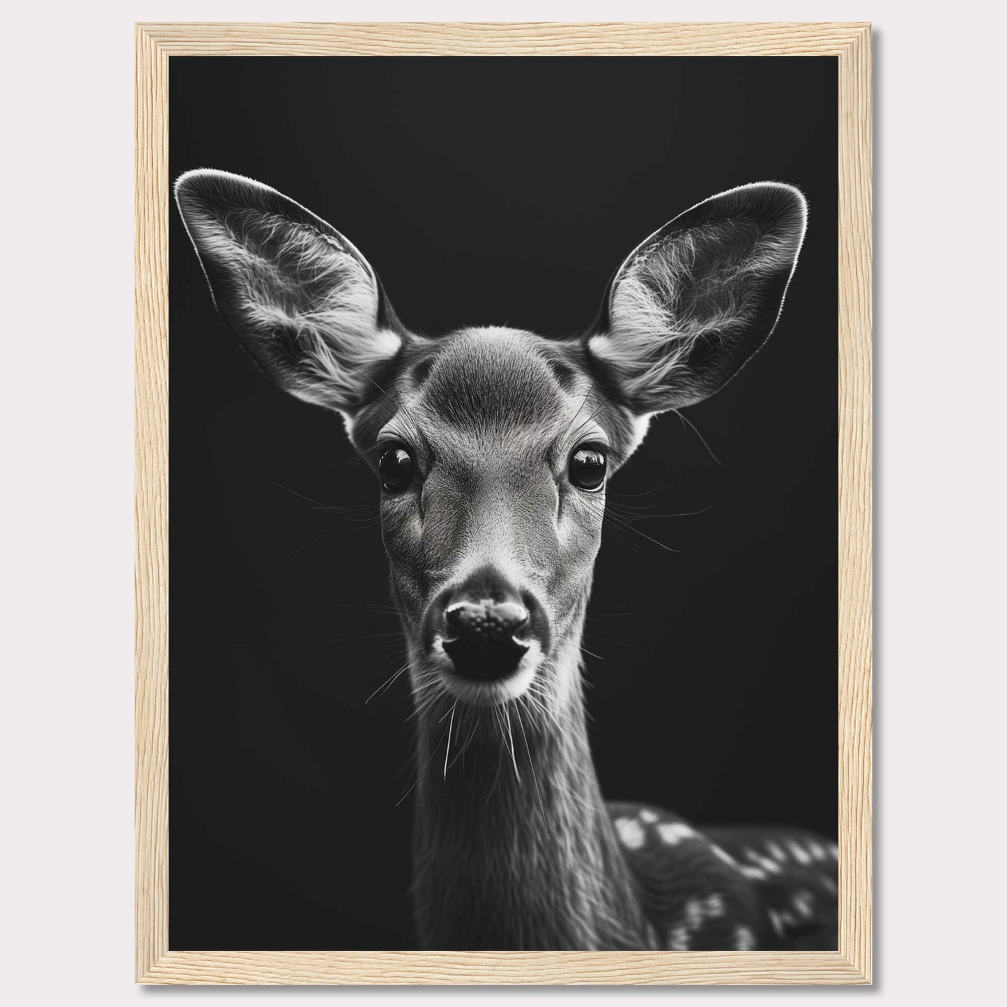 This captivating black and white photograph features a close-up of a young deer, highlighting its delicate features and expressive eyes. The dark background accentuates the deer's soft fur and intricate details, creating a striking contrast that draws the viewer in.