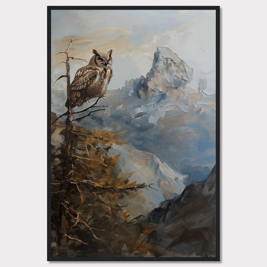 This captivating painting depicts a majestic owl perched on a branch, overlooking a rugged mountain landscape. The scene is rendered in rich, earthy tones and dynamic brushstrokes, capturing the serene yet powerful essence of nature.