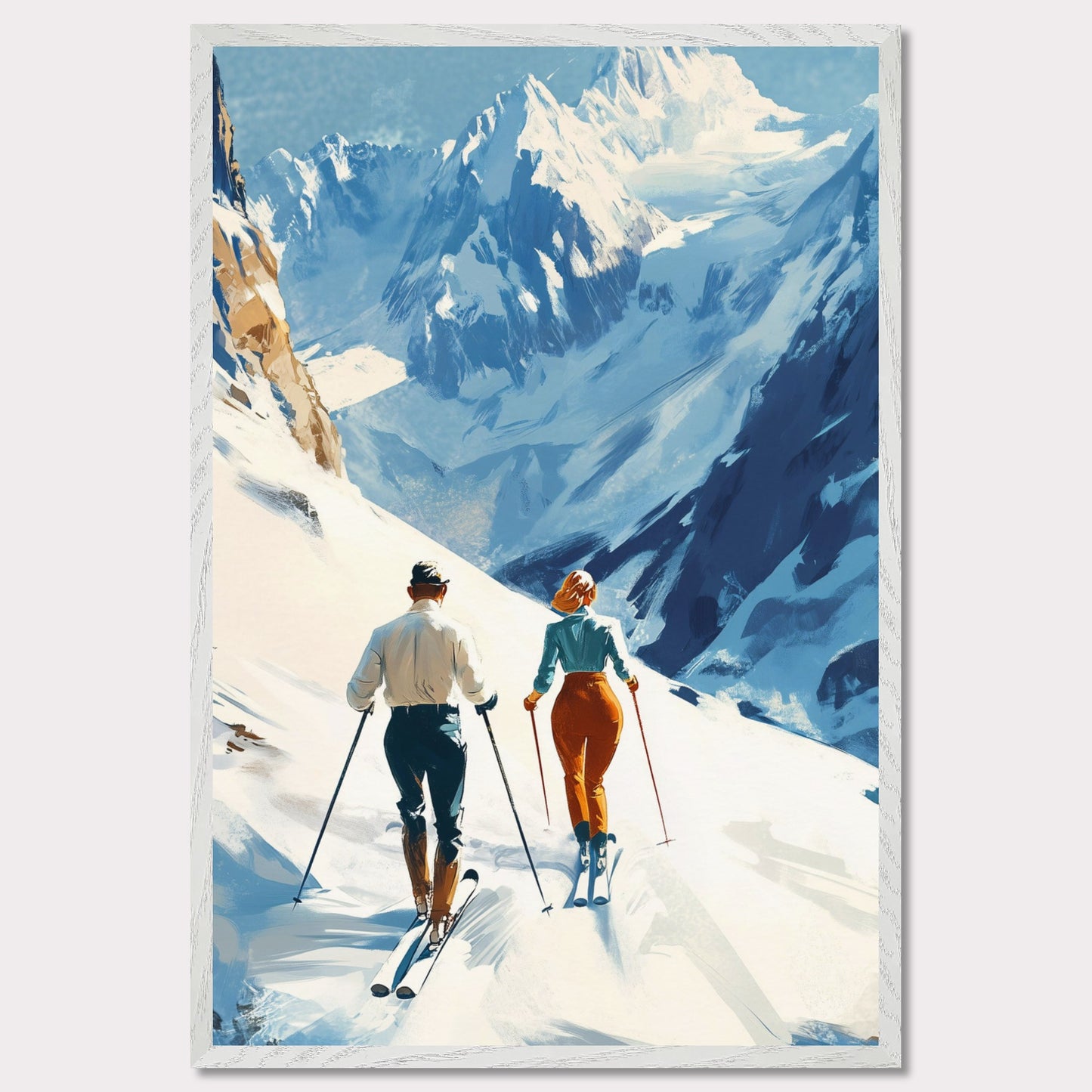 This retro poster captures the elegance and adventure of alpine skiing in Switzerland, circa 1960. Two fashionable skiers glide down the pristine snow with majestic mountains towering in the background. The vibrant colors of their outfits contrast beautifully against the white landscape, while the bold lettering emphasizes the stylish allure of alpine sports.