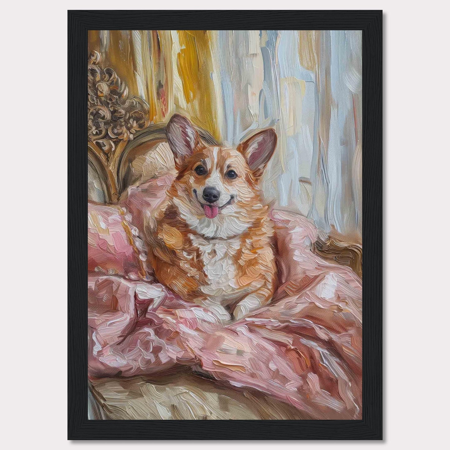 This charming painting captures a joyful corgi nestled in luxurious pink bedding, exuding warmth and happiness. The background features elegant drapery and ornate furniture, adding a touch of sophistication to the scene.