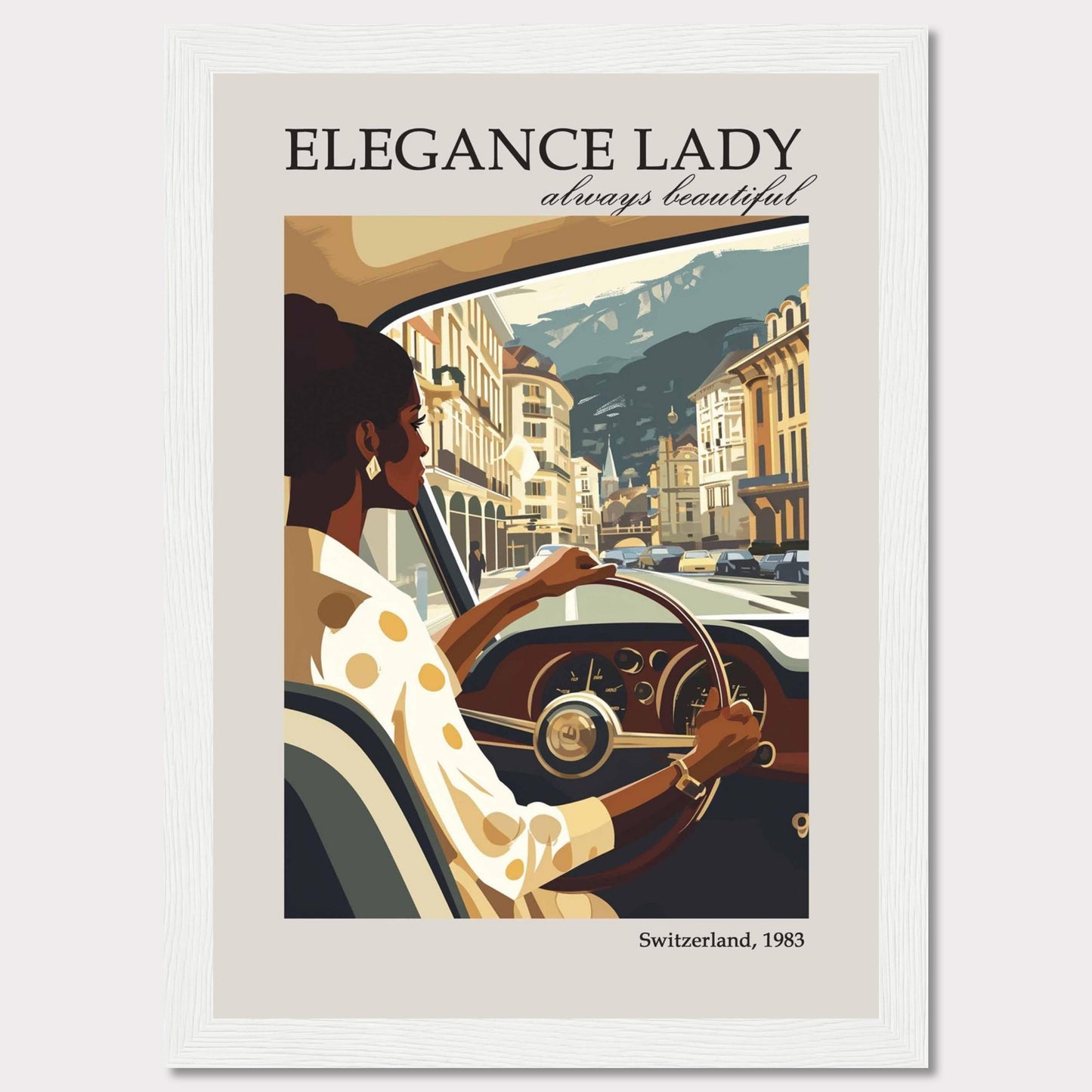 This image depicts a stylish woman driving through a picturesque European city, exuding elegance and confidence.