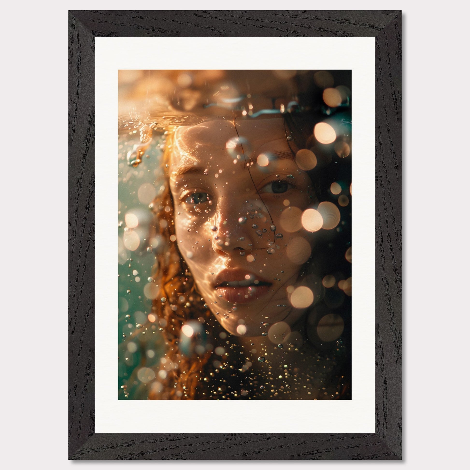 A close-up, artistic photograph of a person's face submerged in water, with light reflections and bokeh effects creating an ethereal atmosphere.

This poster would fit well in modern living rooms, art studios, bedrooms, or any space that appreciates contemporary and artistic photography.