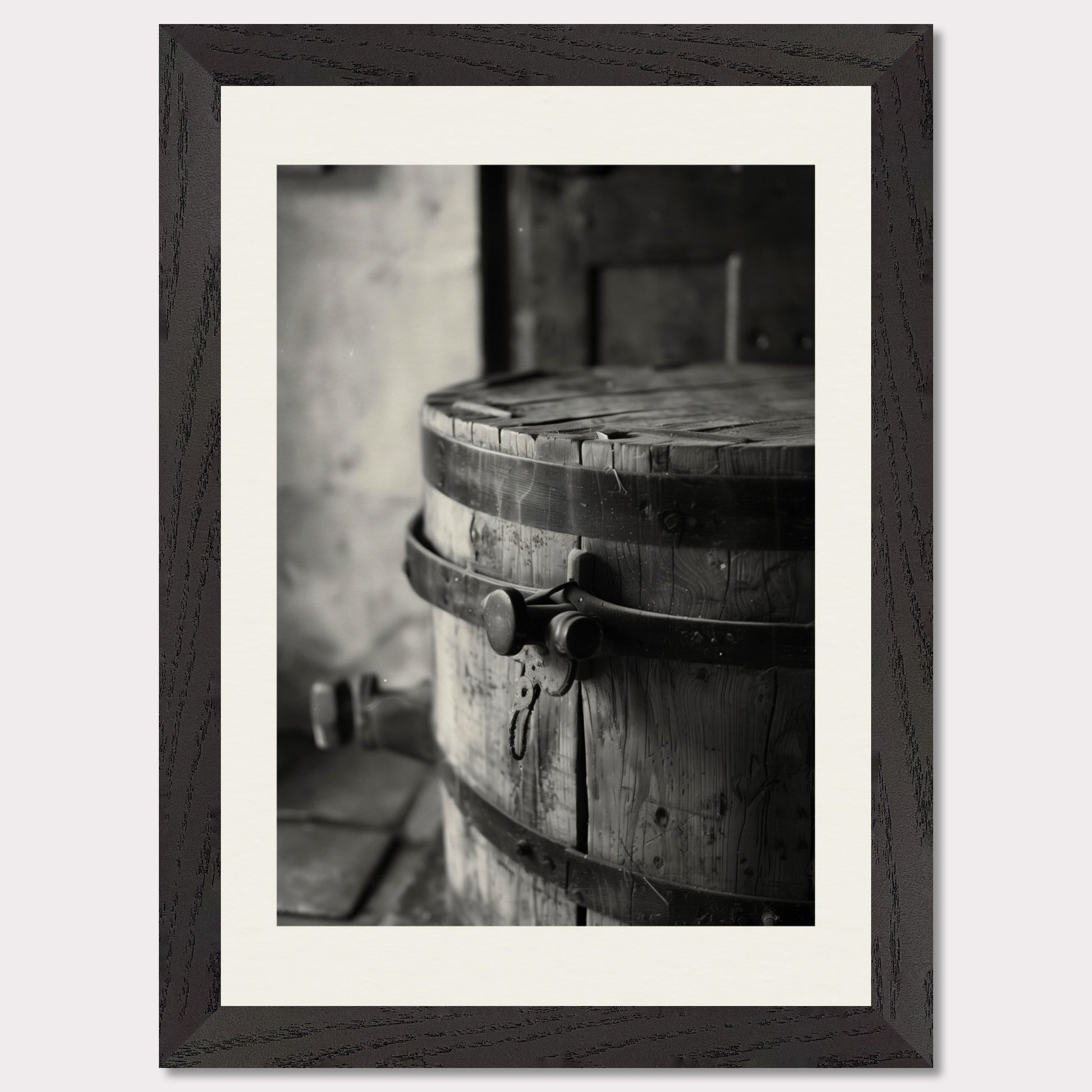 This black and white illustration depicts an old wooden barrel with metal bands, placed in a rustic setting.