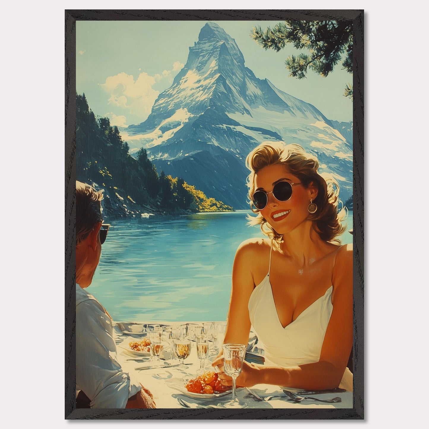 This illustration depicts a scenic outdoor dining setting by a lake with snowy mountains in the background. A woman in sunglasses and a white dress is smiling while holding a glass, and a man is sitting across from her.