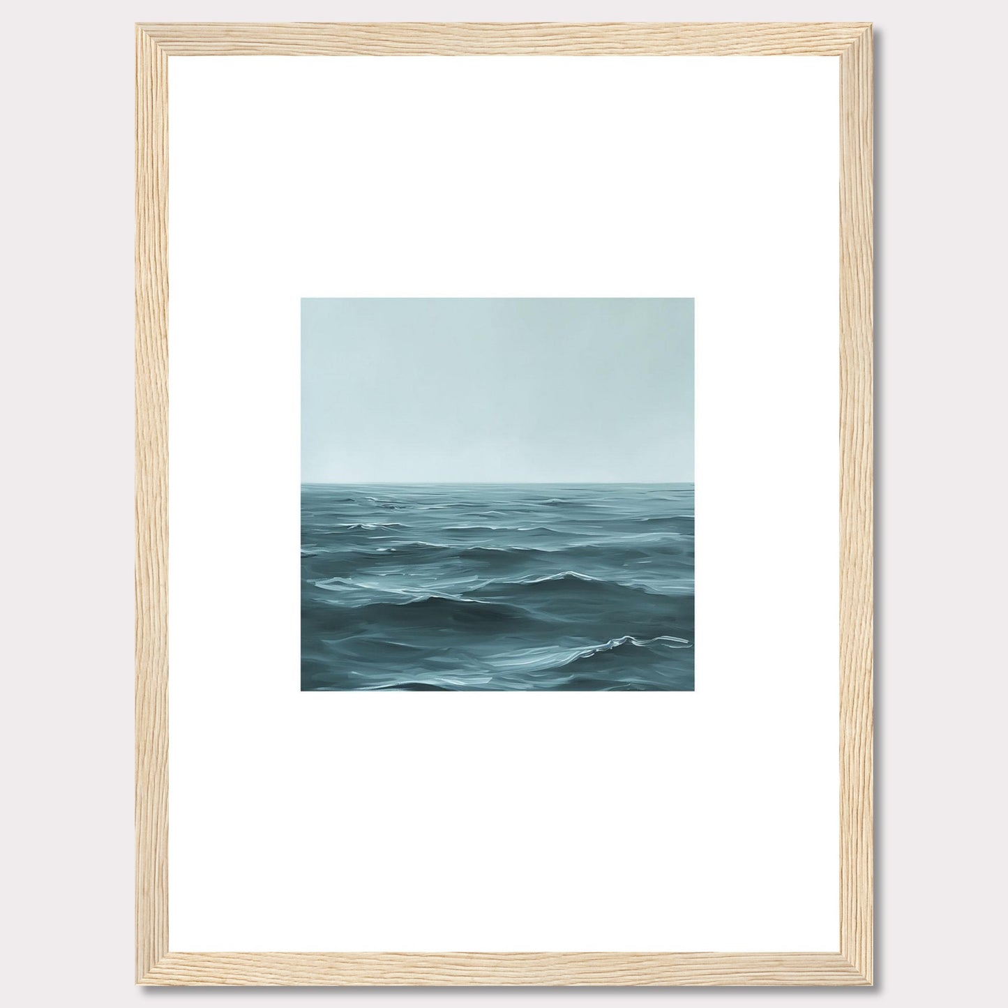 This serene artwork captures the vastness of the ocean, inviting a sense of calm and tranquility into any space. The painting features gentle waves under a soft, misty sky, framed elegantly in black.