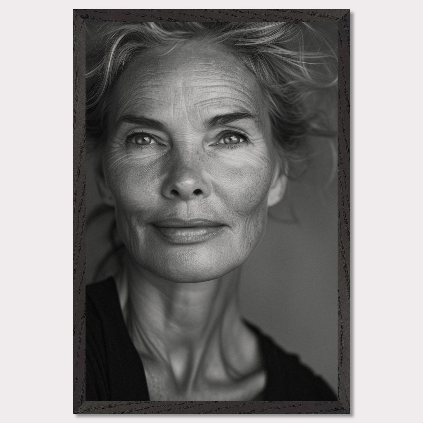 This black and white portrait captures the serene and wise expression of an older woman. Her face is detailed with natural lines and soft shadows, highlighting her graceful aging. The light gently illuminates her features, creating a sense of depth and character.