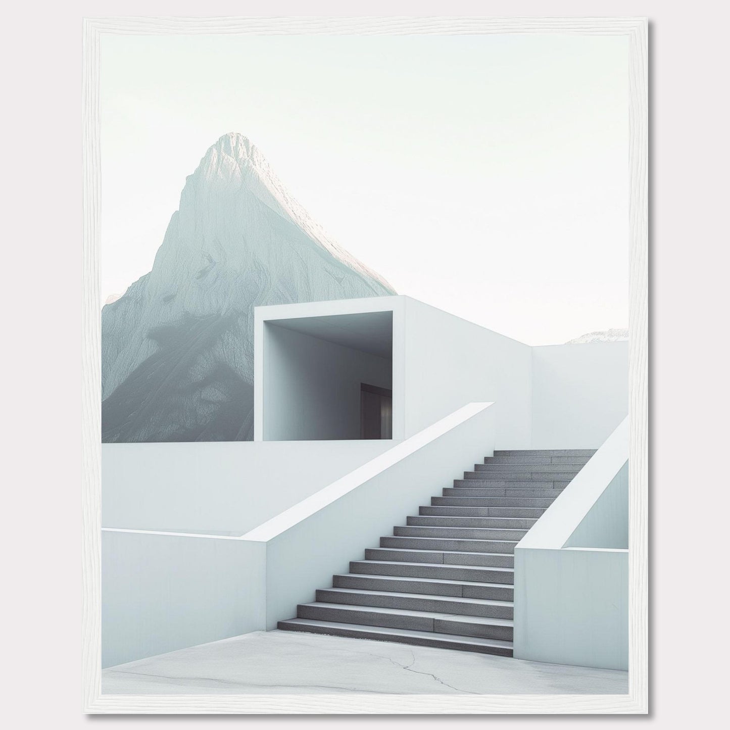 This minimalist artwork features a serene mountain backdrop with a modern architectural staircase leading to a simple, open structure. The clean lines and soft color palette evoke a sense of tranquility and sophistication.