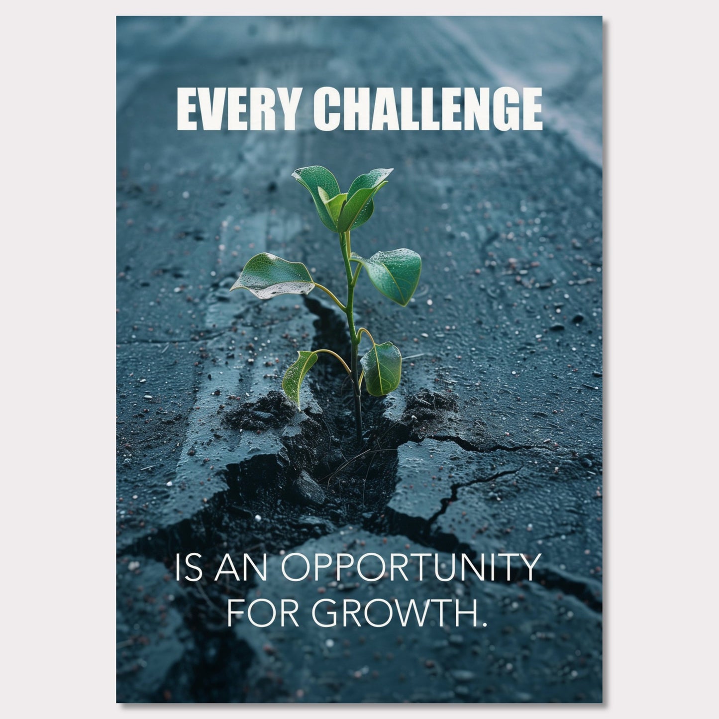 A motivational poster featuring a small green plant sprouting through a crack in the asphalt. The text on the poster reads "EVERY CHALLENGE IS AN OPPORTUNITY FOR GROWTH." The image symbolizes resilience and perseverance.