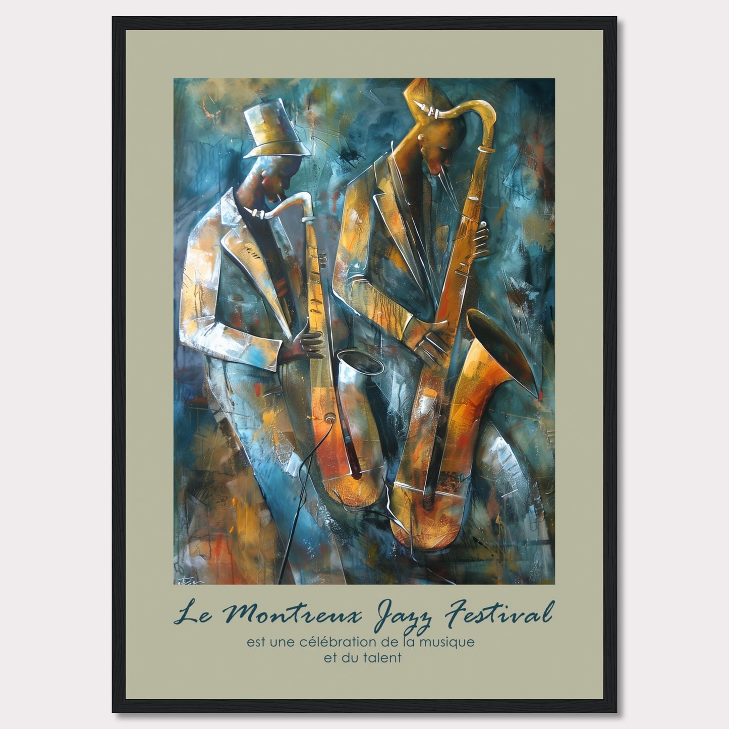 This vibrant artwork captures the essence of jazz with two musicians passionately playing their saxophones. The rich, abstract background adds depth and movement to the scene, emphasizing the dynamic nature of the music. The text at the bottom reads, "Le Montreux Jazz Festival est une célébration de la musique et du talent," highlighting the festival's celebration of music and talent.