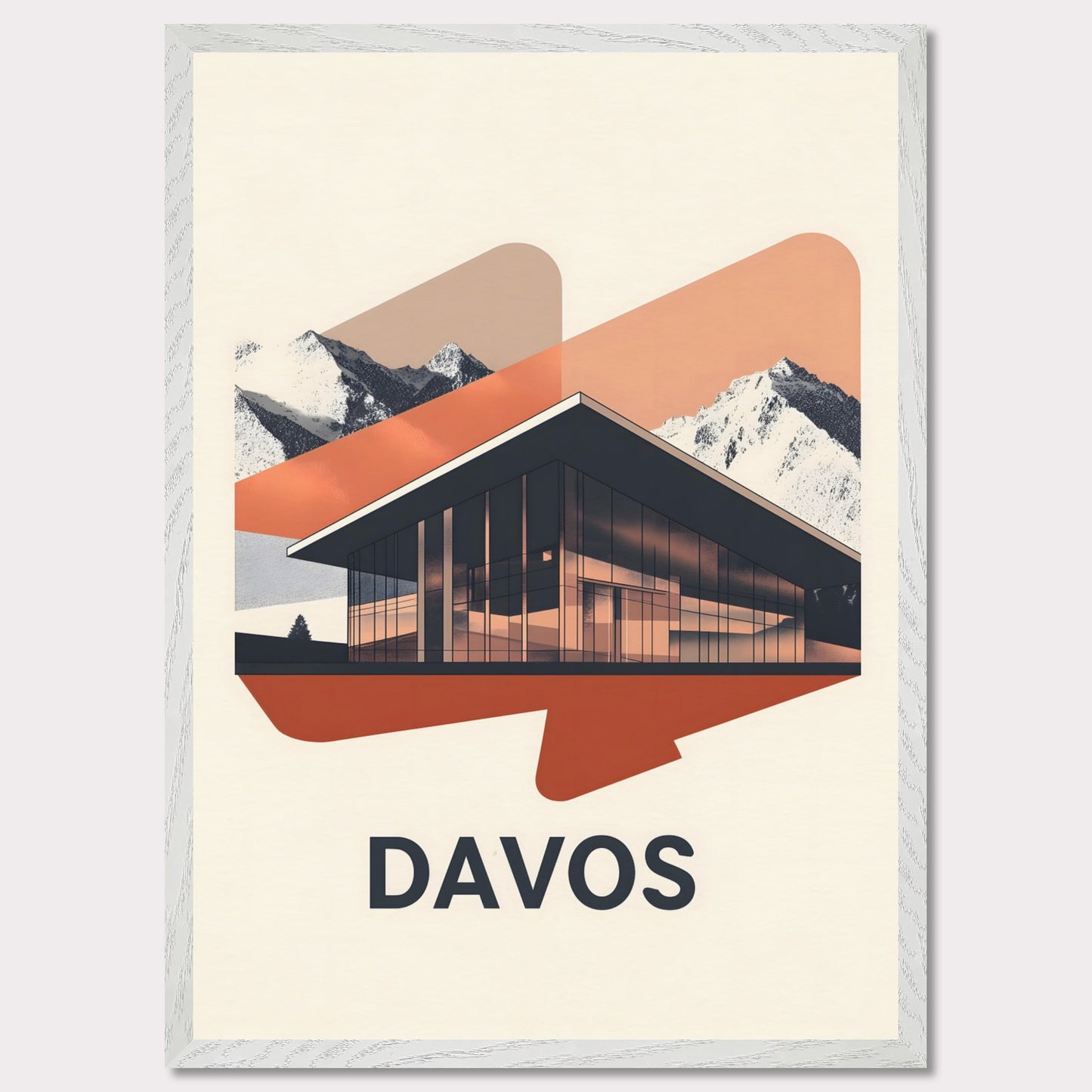 A sleek, modern representation of Davos, featuring a glass-fronted building set against towering alpine mountains. The minimalist color palette and subtle lighting effects give the scene a futuristic yet inviting feel.