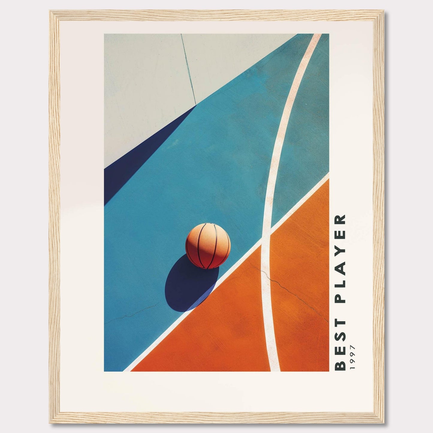 This striking poster features a basketball resting on a vibrant court, divided into bold blue and orange sections. The image is framed in black, with the text "BEST PLAYER 1997" vertically aligned on the right side.