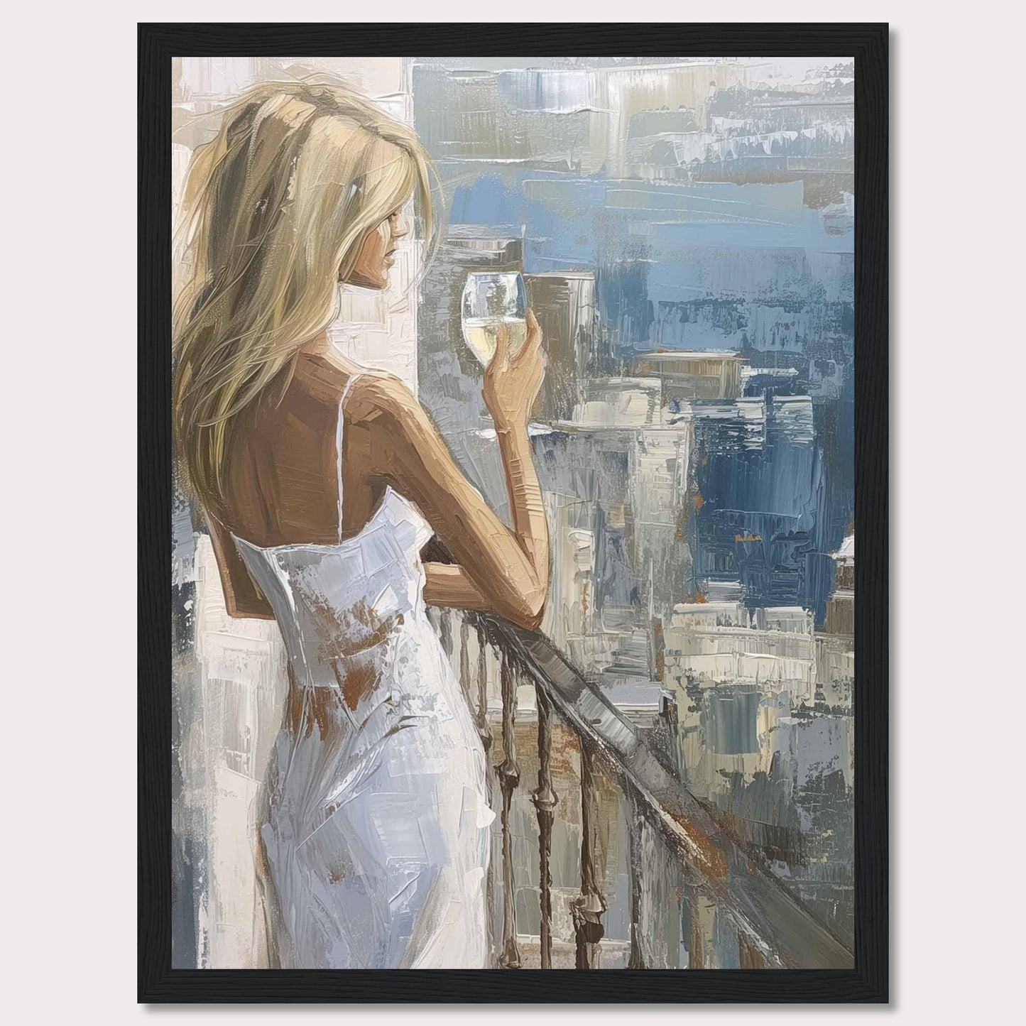 This painting depicts a serene moment where a woman, dressed in a white dress, stands on a balcony holding a glass of wine. The background features an impressionistic cityscape with various shades of blue and gray.