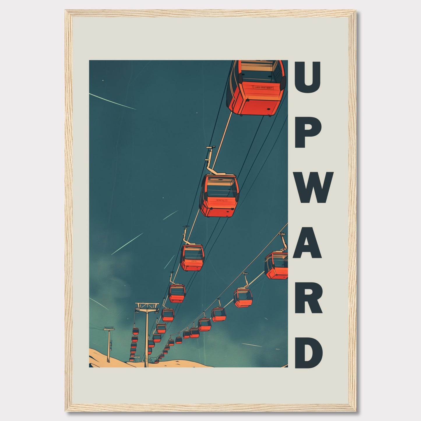 This striking artwork features a series of red cable cars ascending into a deep blue sky, evoking a sense of adventure and upward momentum. The word "UPWARD" is boldly displayed along the right side, reinforcing the theme of progress and elevation.