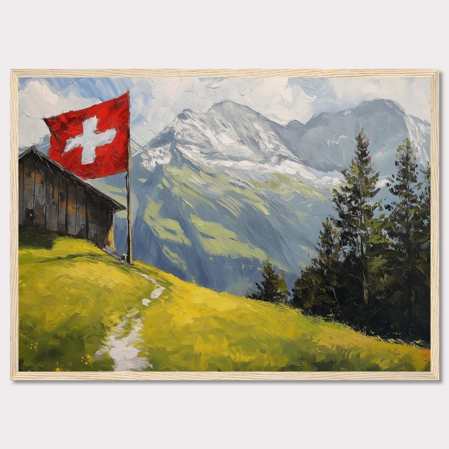 This stunning painting captures the serene beauty of a Swiss alpine landscape. A quaint wooden cabin is perched on a lush green hillside, with a vibrant Swiss flag fluttering proudly beside it. Majestic snow-capped mountains rise in the background, contrasting beautifully with the verdant foreground. Tall evergreen trees add depth and texture to the scene.