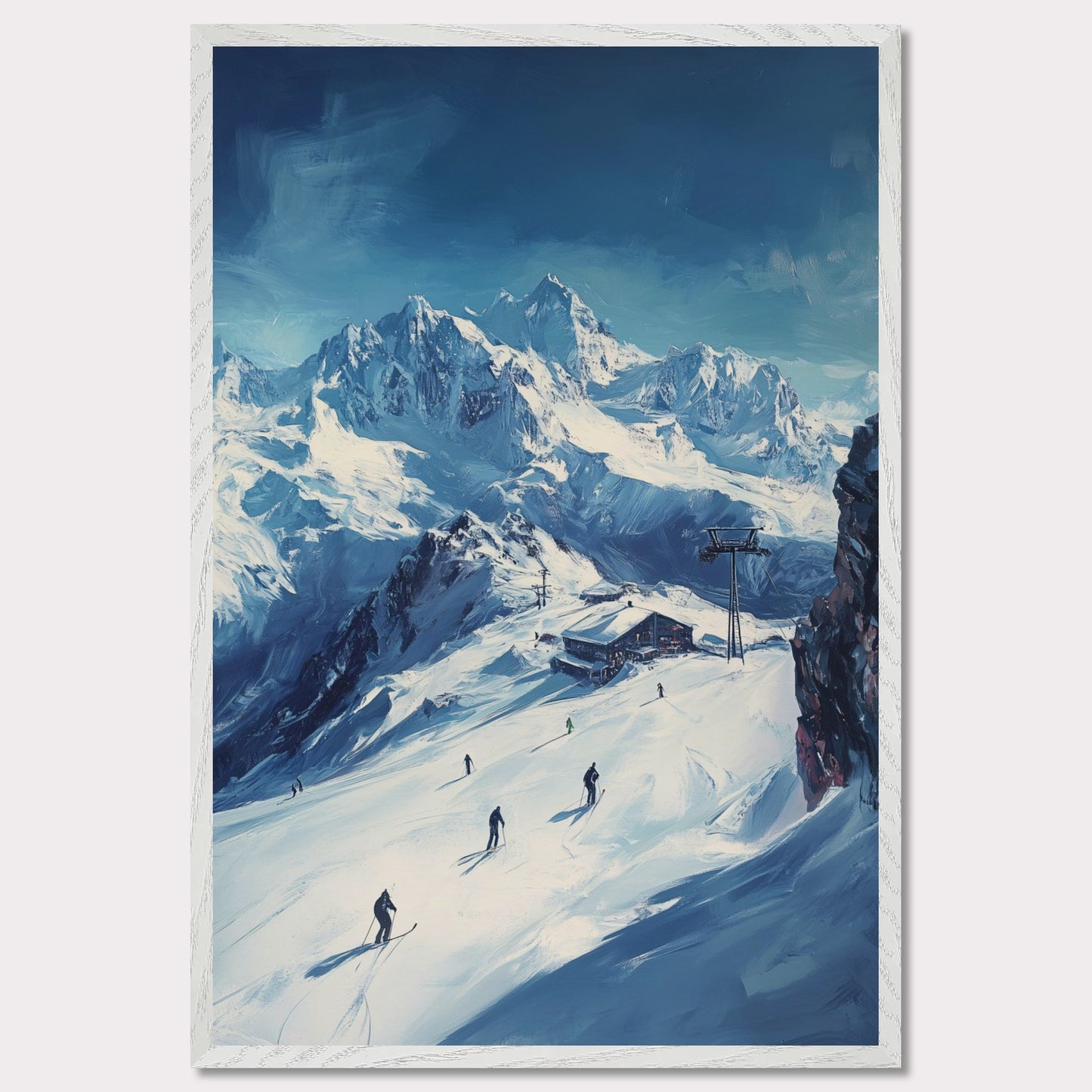 This vibrant, retro-style poster captures the excitement of skiing through the Swiss Alps, with skiers navigating fresh powder beneath towering, snow-covered peaks. The vast landscape and the thrill of the descent evoke a sense of freedom and adventure. The vintage typography and warm colors enhance the adventurous spirit, making it a perfect invitation to explore the slopes of the Swiss Alps and experience the rush of alpine skiing.