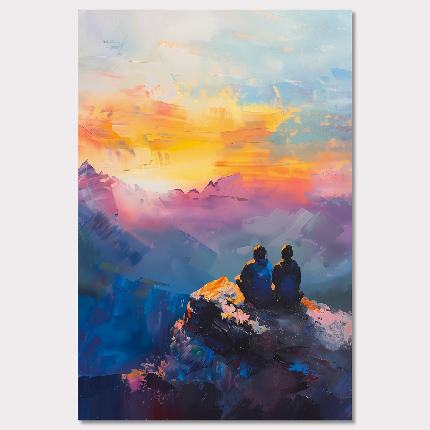 This is an illustration of two people sitting on a rocky cliff, overlooking a vibrant and colorful sunset or sunrise. The sky is painted with warm hues of orange, yellow, and pink, blending into cooler tones of blue and purple.