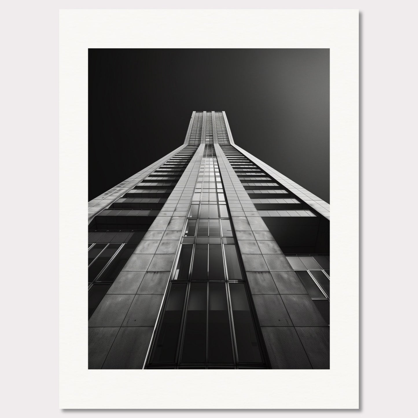 This striking black and white photograph captures the awe-inspiring perspective of looking up at a towering skyscraper. The image emphasizes the sleek lines and modern architecture, drawing the viewer's eye upwards towards the sky.