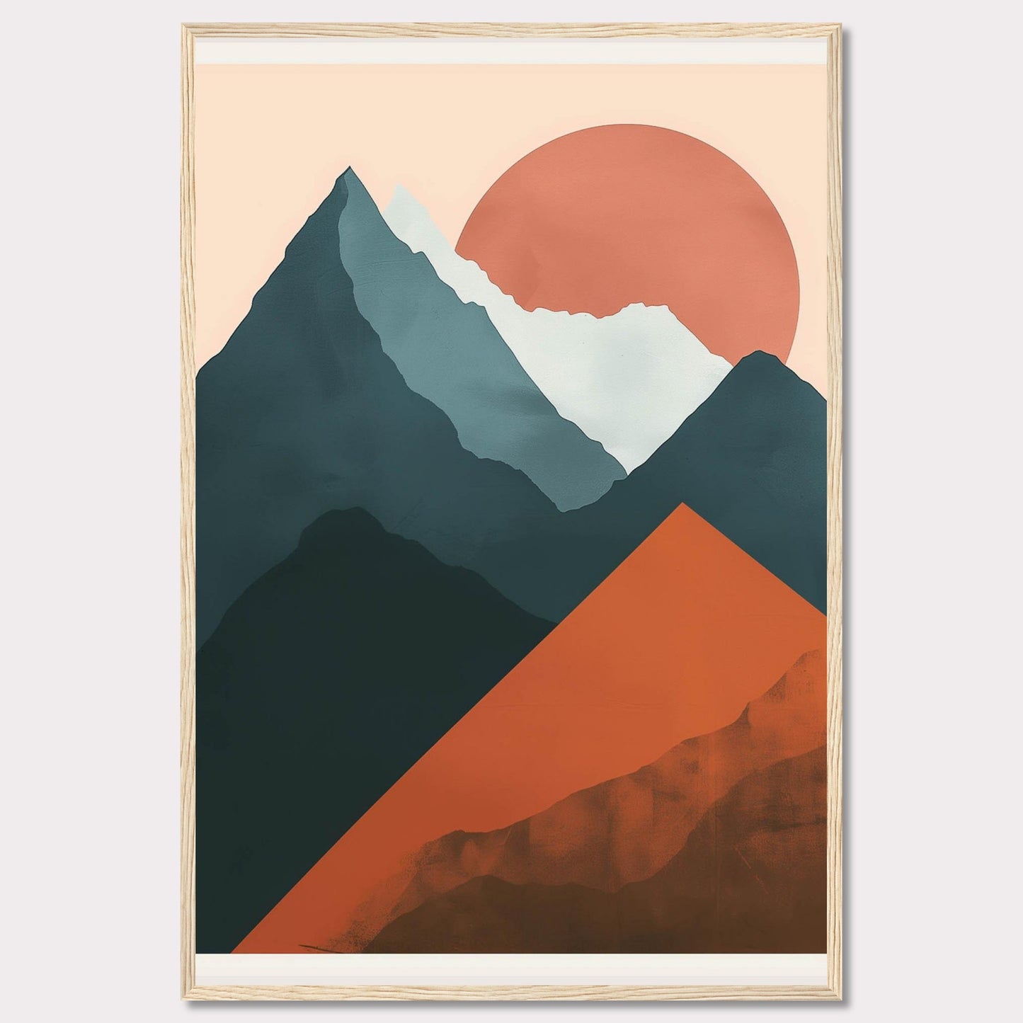 This is a modern, abstract art print featuring a mountain landscape with a large sun setting in the background. The artwork uses bold, contrasting colors to create a striking visual impact.