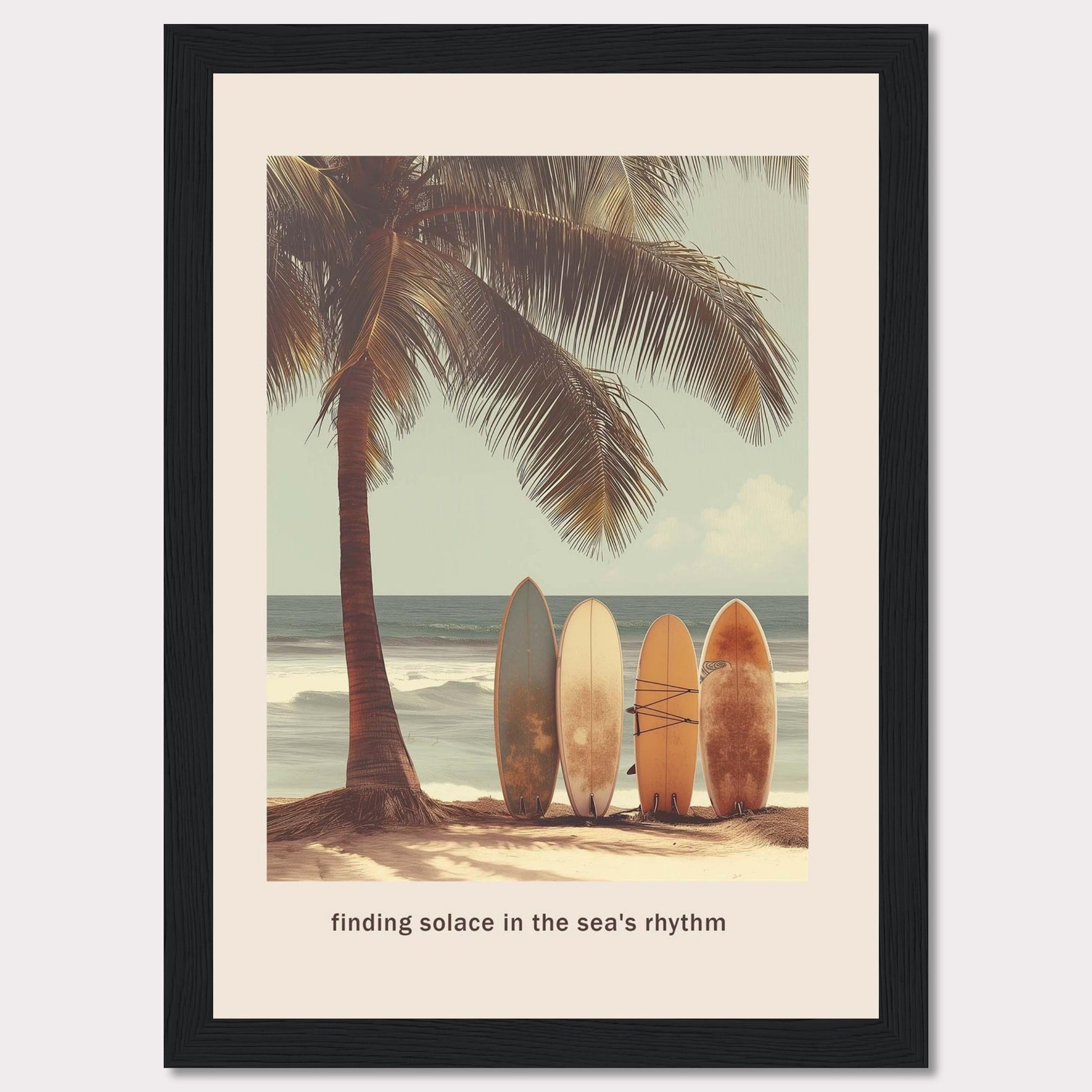 This image captures a serene beach scene with surfboards resting against a palm tree, inviting you to find peace in the ocean's rhythm.