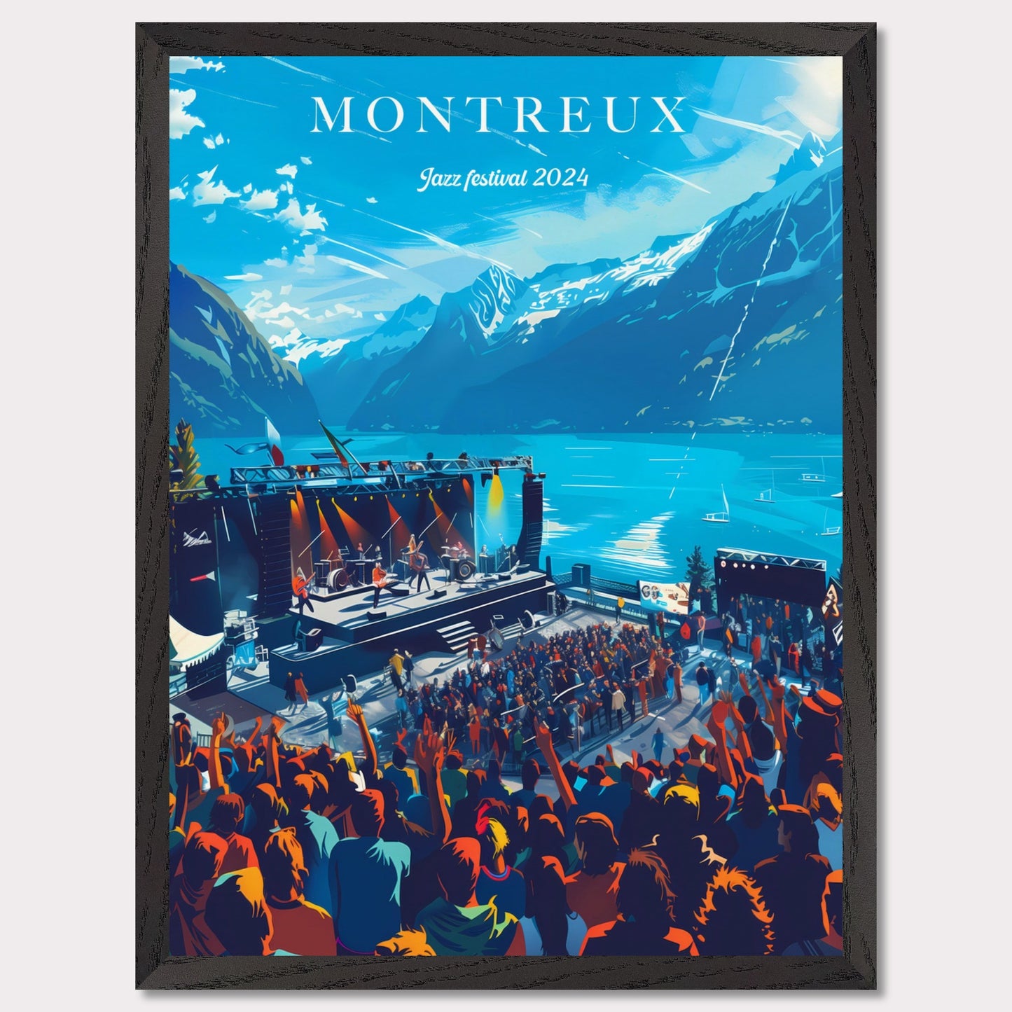 This vibrant poster showcases the Montreux Jazz Festival 2024, set against the stunning backdrop of Lake Geneva and the Swiss Alps. The image features a lively crowd enjoying a performance on an outdoor stage, with musicians playing under a clear blue sky.