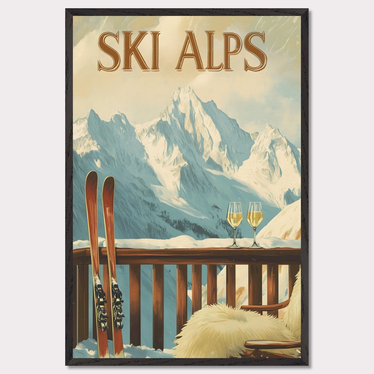 This soothing poster transports you to a tranquil alpine terrace with a breathtaking view of snow-covered peaks. A wooden chair draped in soft fur and paired with two glasses of sparkling wine sets the tone for a peaceful and intimate winter retreat.