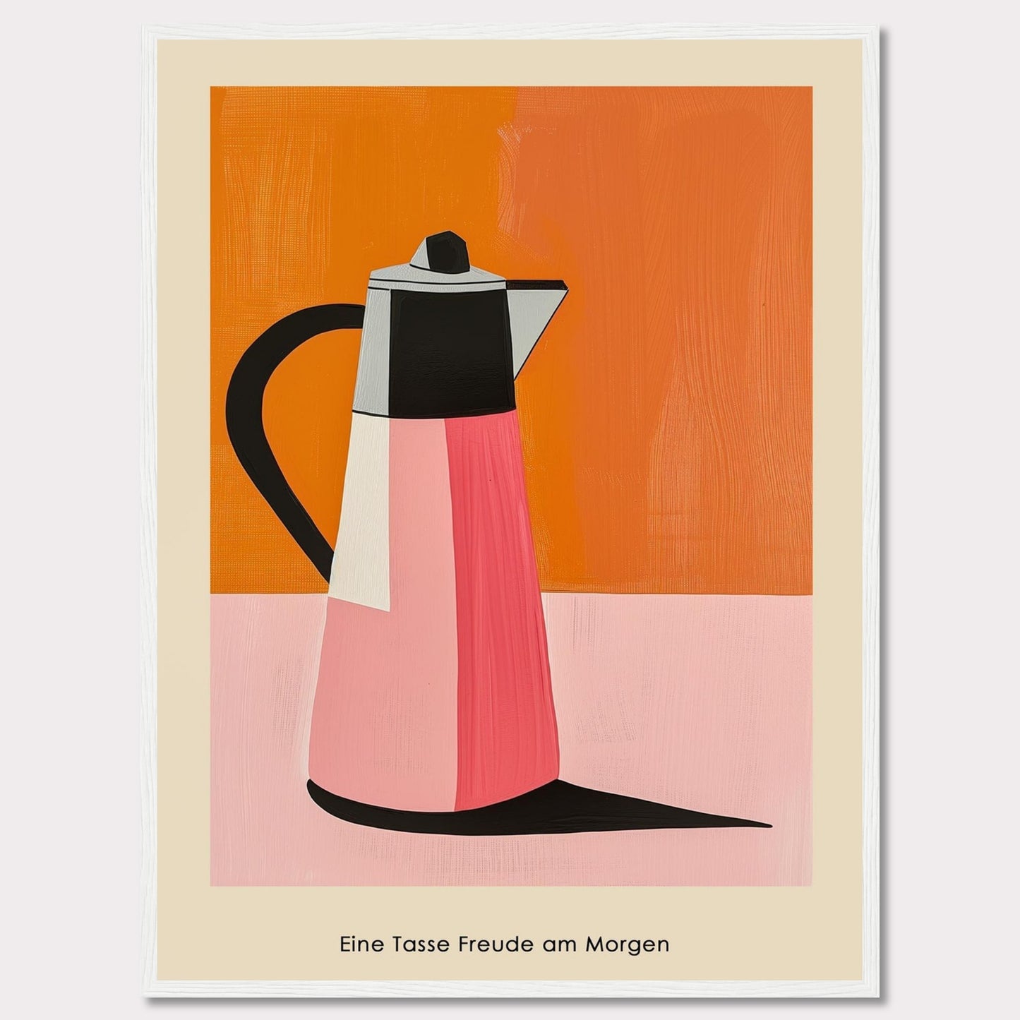 This image features a vibrant, modern art depiction of a coffee pot against a bold orange and pink background.