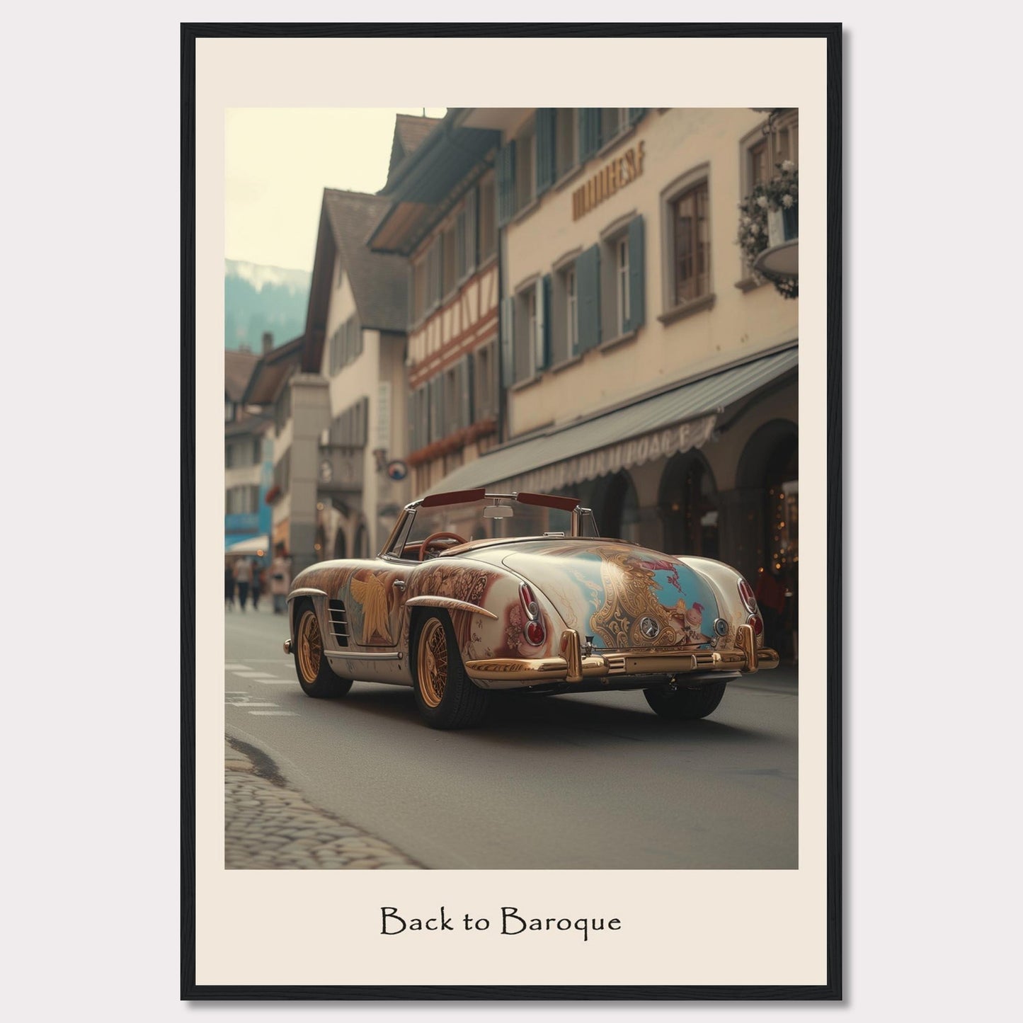 This captivating image showcases a vintage car adorned with intricate Baroque-style artwork, driving through a quaint European street lined with charming buildings. The scene is set against a backdrop of mountains, adding to the picturesque atmosphere.